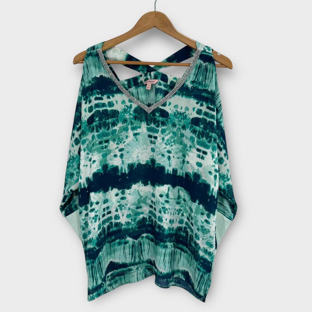 Juicy Couture Women’s Size Medium Green Tie Dye Embellished Cold Shoulder Top